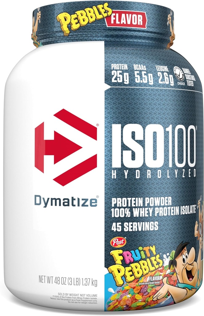 Dymatize x ciottoli fruttati ISO100 Whey Protein Powder Isolate, 25g di proteine, 5.5g BCAAs, 120 Cal., senza glutine, 1g grasso, 1g zucchero, 2g Carb (45 Servings)