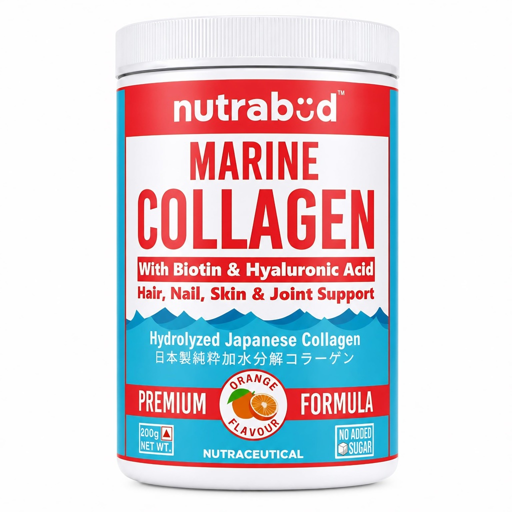 Nutrabud Japanese Marine Collagen Powder Supplement for Women,Men|No Added Sugar|Supports Skin Radiance,Healthy Hair,Nails & Joints|Hydrolyzed Collagen Peptides (Orange,200 grams)
