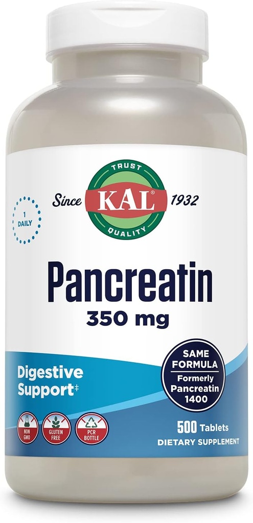 KAL Pancreatin 350mg, Prebavne encime za ženske in moške, encimi trebušne slinavke za digestivno zdravstveno podporo, Gluten Free, Non-GMO, Hitra disintegracija, 60-dnevna garancija, 500 Serving, 500 tablet