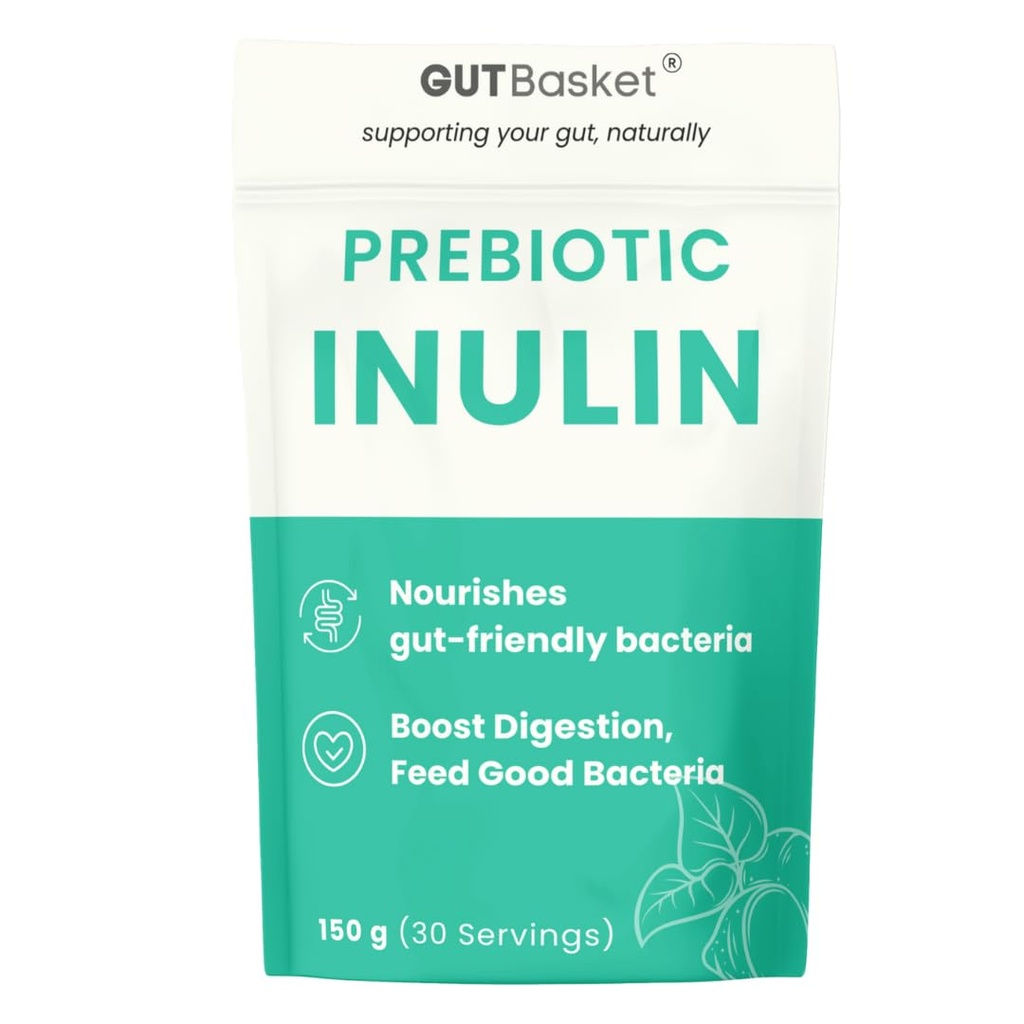 Gutbasket Pure Inulin Powder (150 g) - Prebiotic Fiber for Gut Health & Digestive Wellness - Vegan, Non-GMO, Gluten-Free - Perfect for Smoothies, Coffee, and Baking
