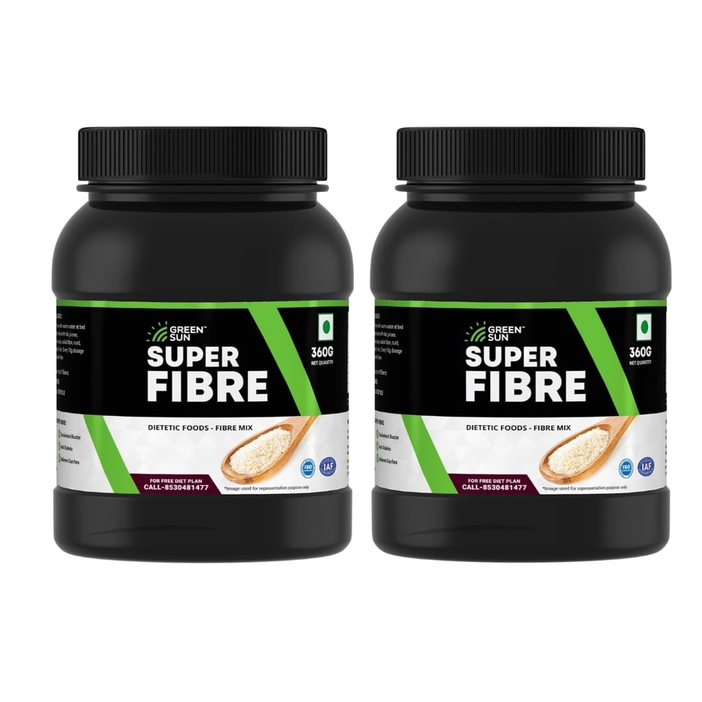 Green Sun Super Fibre |Pack of 2 | Dietary Fibre Powder | 6 in 1 Fibre Supplement Blend| Flax, Fennel, Fenugreek, Sorghum, Psyllium (Isabgol), Guargum | Fiber Combo