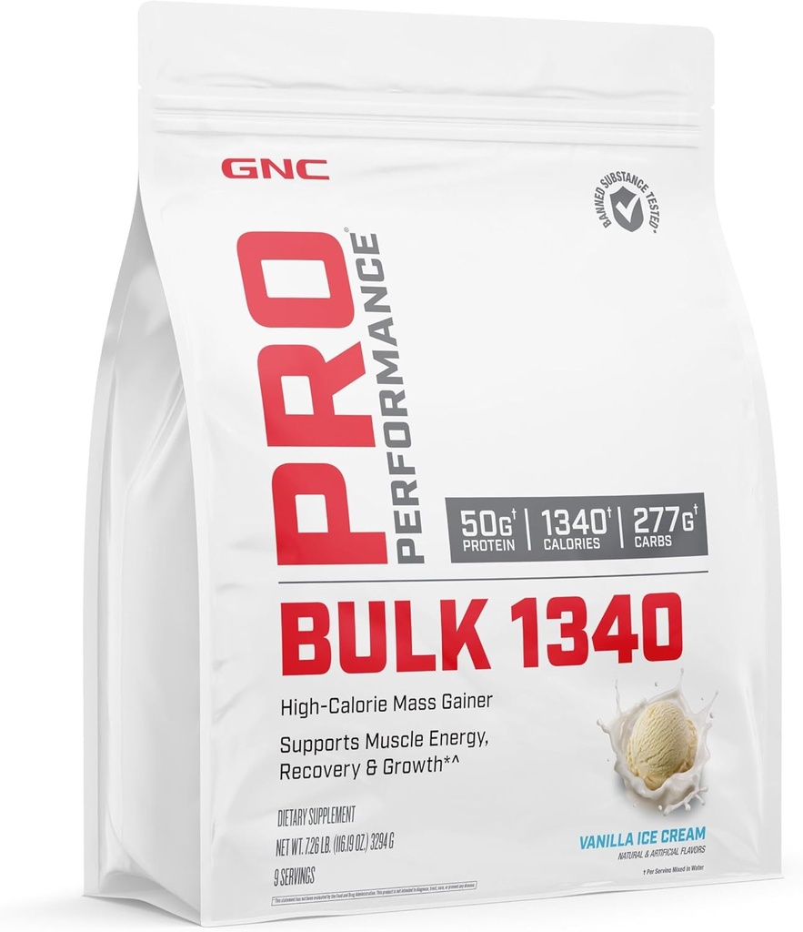 GNC Pro Performance Bulk 1340 Mass Gainer Protein Powder, 50g, Gluten Free, Whey, Creatine, BCAA, 3rd Party Tested, Muscle Recovery & Growth, Micronutrients, Vanilla Ice Cream, 9 Pelayan