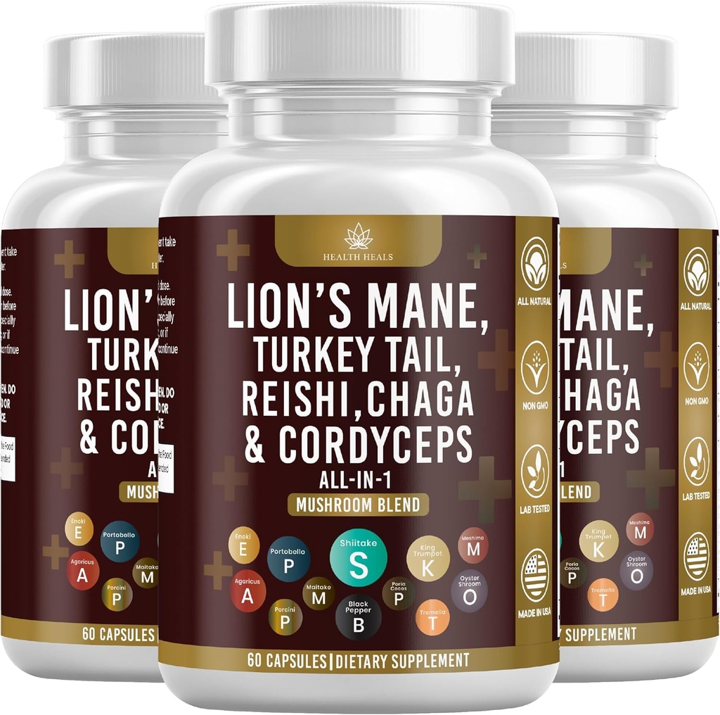 Mushroom Supplement mit Lion's Mane Turkey Tail Reishi Cordyceps Chaga Marshmallow Root - 180 Count