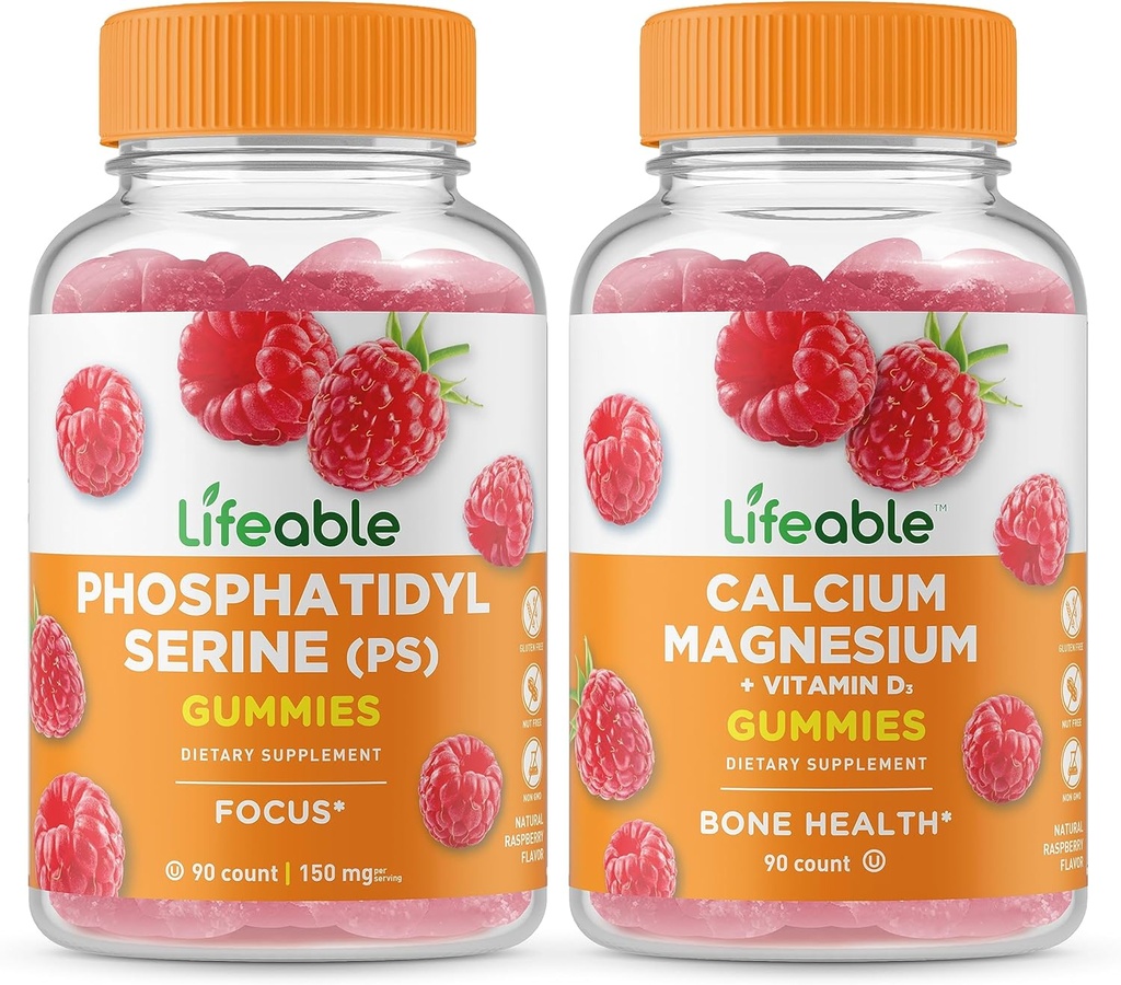 Phosphatidylserine (PS) + Calcium Magnesium, Gummies Bundle - Great Tasting, Gluten Free, GMO miễn phí, kẹo dẻo