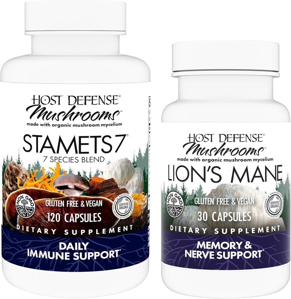 Host Defense Bandle with Stamets 7, 120 Count & Lion's Mane Capsules, 30 Count - Atbalsts Imūnās veselības un funkcijas - Atbalsts smadzeņu veselība, atmiņa un fokuss