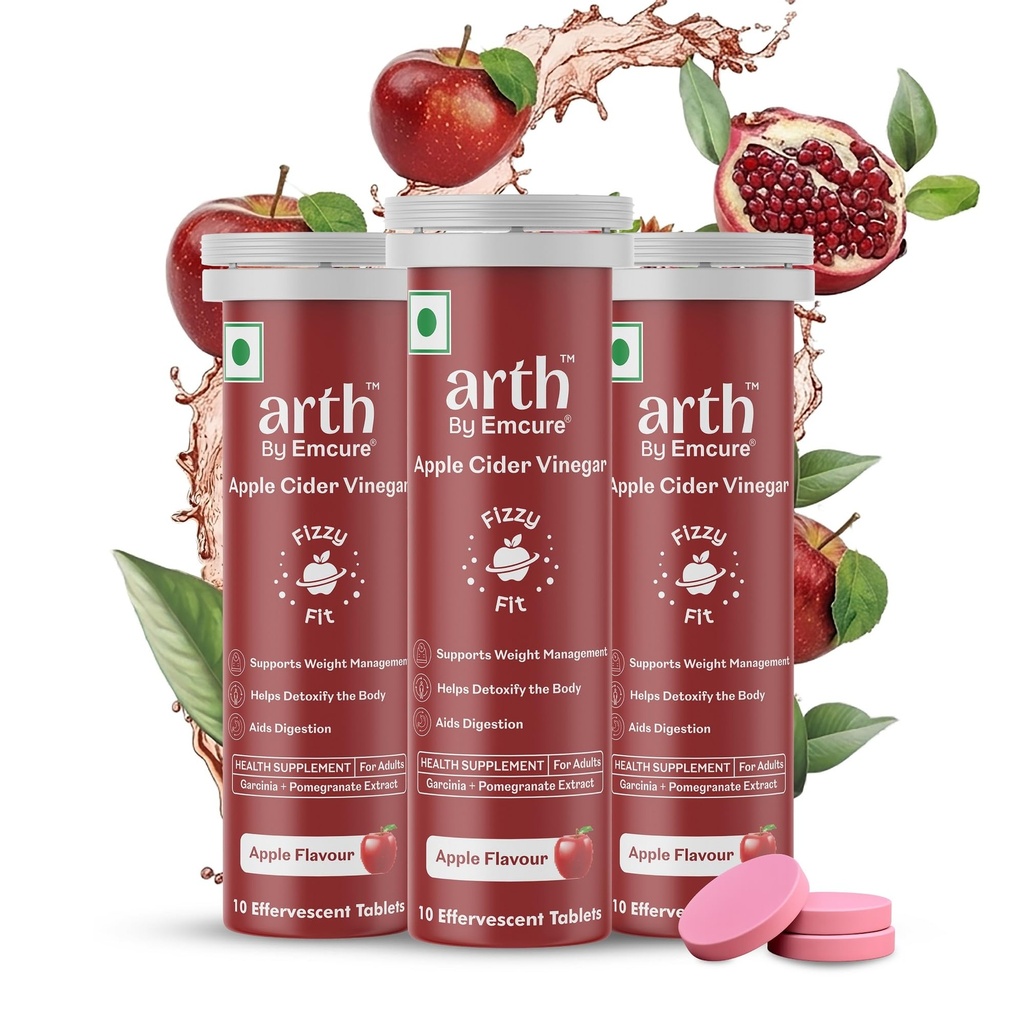 Arth Apple Cider Vinegar Effervescent Tablets 500mg | Supports Weight Management, Metabolism & Gut Health | Garcinia Cambogia, Pomegranate Extract | Vit B6 B12 | Apple Flavour | 30 Tablets