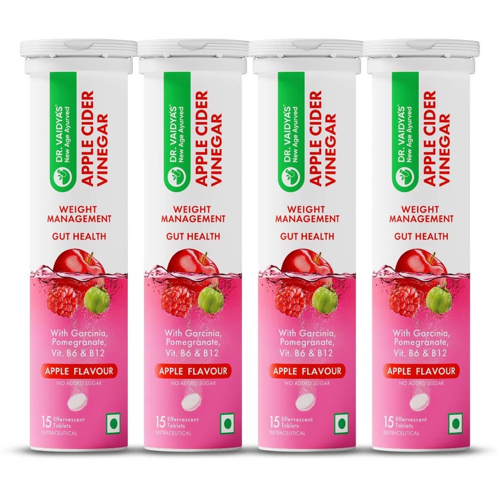 Dr. Vaidya's Apple Cider Vinegar Effervescent Tablets with Garcinia, Pomegranate, Vitamin B6 & B12 | Supports Weight Management, Metabolism, Digestion & Gut Health | Apple Flavour | 15 Tablets , Pack of 4