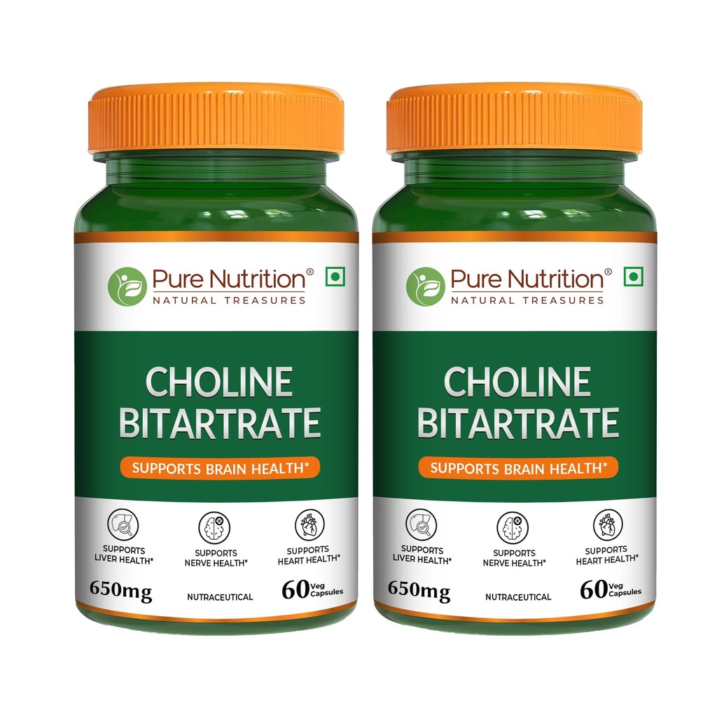 Pure Nutrition Choline Bitartrate 650mg | Choline Supplements Supports Brain, Nerve, Liver & Heart Health | Nootropic Supplement for Cognitive Function - 60 Veg Capsules (Pack of 2)