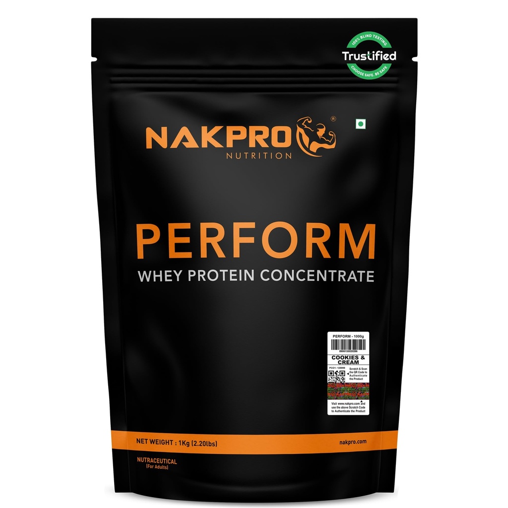 NAKPRO NUTRITION Perform Whey Protein Concentrate | 1kg Cookies&Cream | 24g Protein, Trustified Certified