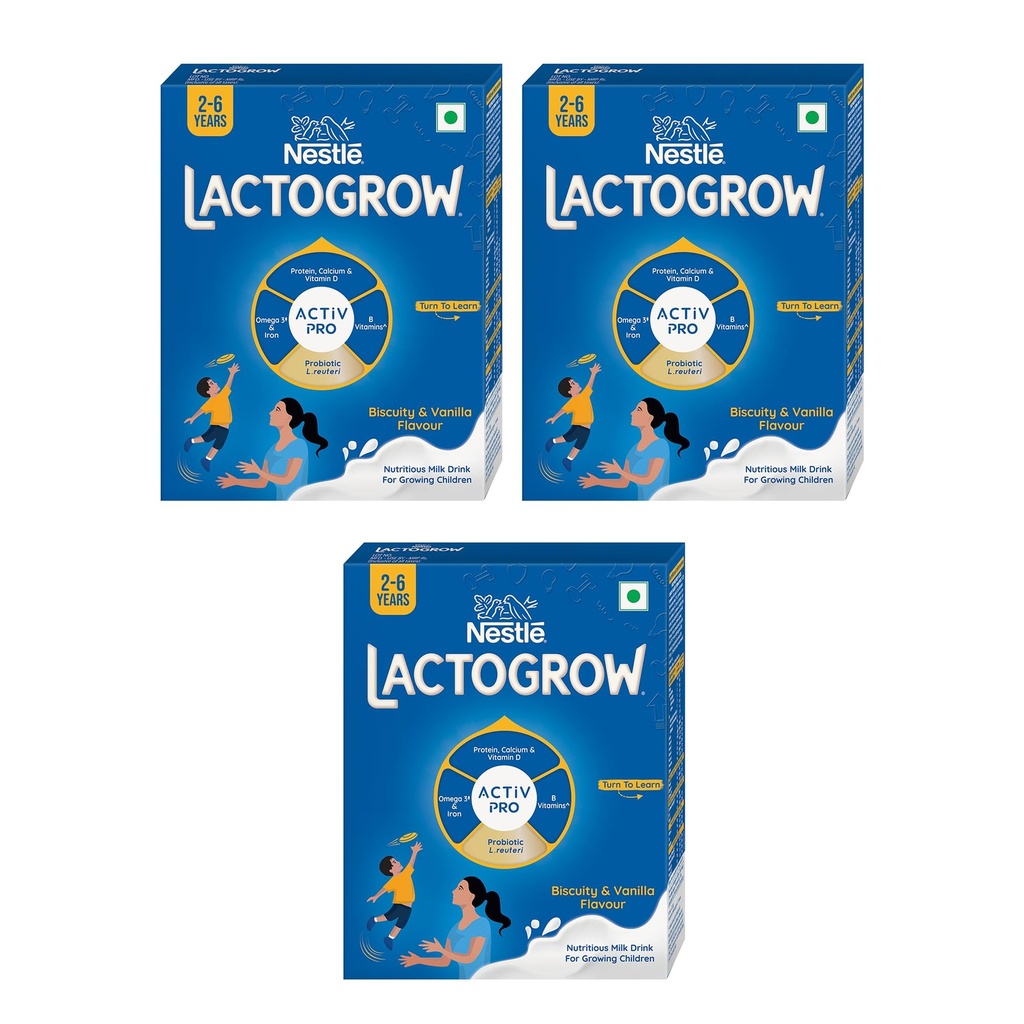 Nestle LACTOGROW Nutritious Milk Drink Powder | Biscuity Vanilla Flavour (2-6 Years),Pack of 3, 1200 G, Bag-In-Box Pack