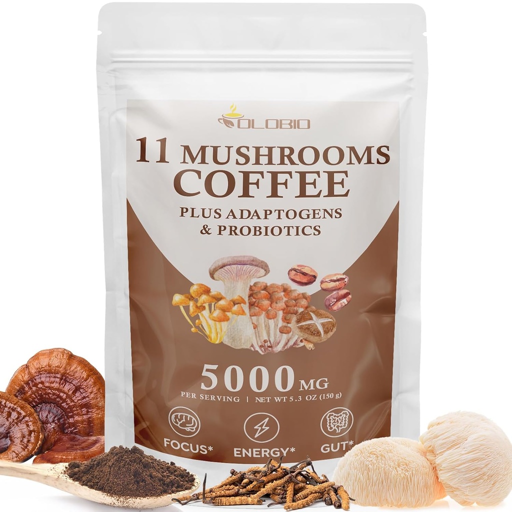 Cogumelo Café, 11 Cogumelos Orgânicos Plus Adaptogens & Probióticos, com Mane Leão, Chaga, Reishi, Complexo Cordyceps, Café instantâneo para foco, Energia, Gut, Digestão, Imunidade - 5.3oz