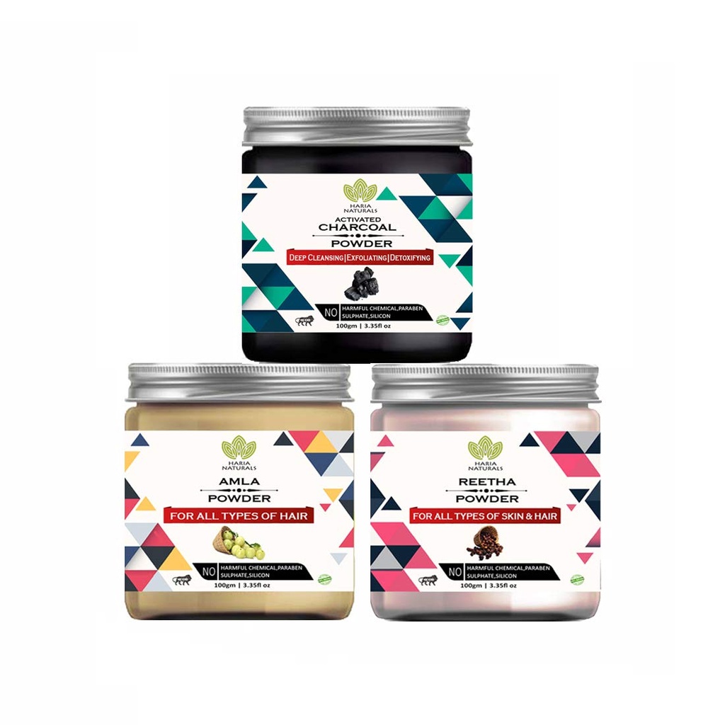 Charcoal Powder 100gm & Amla Powder 100gm & Reetha Powder 100gm (Pack Of 3) 300GM