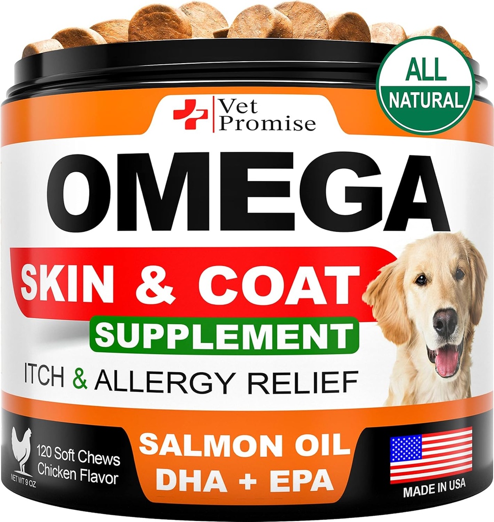 Omega 3 for Dogs - 皮肤和煤炭补充剂 - 鱼类油 for Dogs Chews - 过敏和排痒救济 - 抗 Shedding补充剂 - 干皮处理 - 沙门油 - 在美国制造 - 120种软处理剂