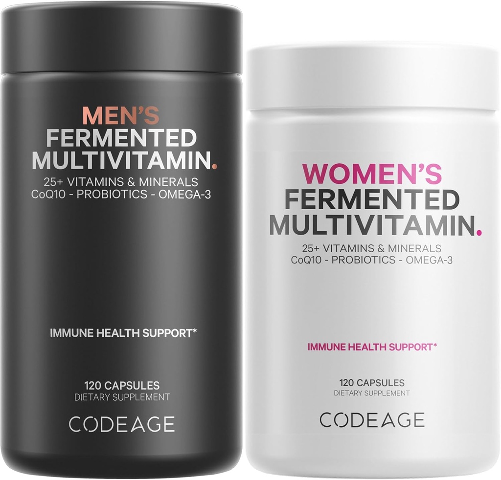 Codeage Daily Multivitamin Bundle: Kvinnors & Mäns Multivitaminer, B-Vitaminer, Probiotika, Matbaserade Blends, 120 kapslar Per flaska