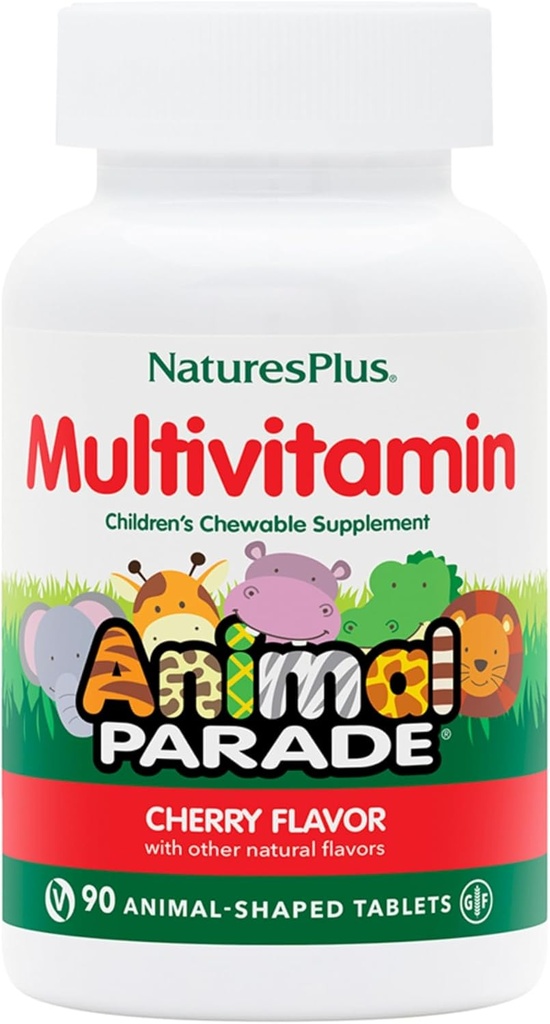 Naturezas Plus Animal Desfile Multivitamínico Mastigações infantis - Cherry Flavor - 90 Comprimidos em forma de animal - Promove Saúde & Bem-Estar - Vegetariano, Glúten Livre - 45 Servimentos