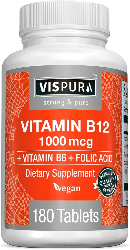 VISPURA Vitamina B12 1000 mcg Metilcobalamină + acid B6/Folic, 180 comprimate Vegan, Cel mai bun supliment la creșterea energiei, Îmbunătățiți starea de spirit, Sharpen Focus*, Supliment organic
