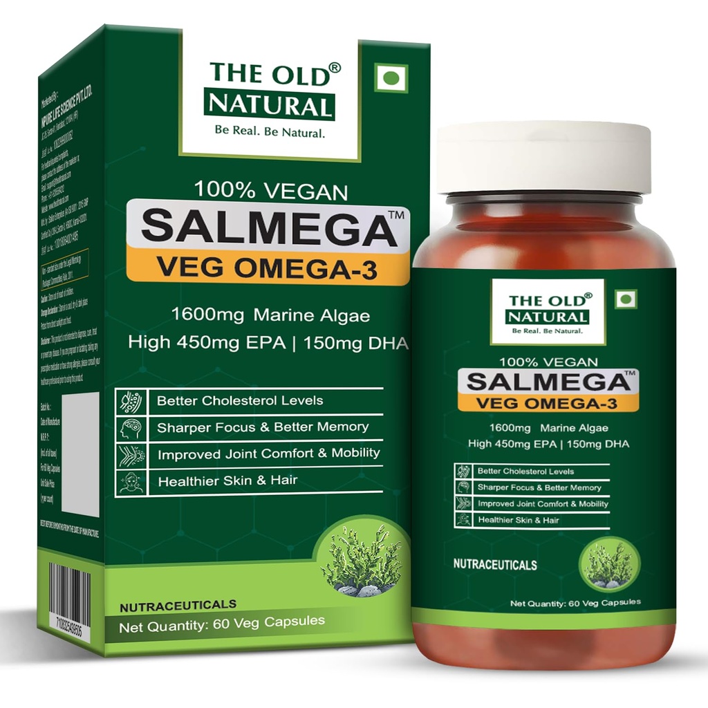 Salmega Veg Omega 3 Algal Oil Capsules – 1600mg Marine Algae Omega (450mg EPA & 150mg DHA) | Plant Based Omega 3 Supplement | Vegetarian DHA for Heart, Brain, Joint & Immunity Support | 60 Veg Capsules