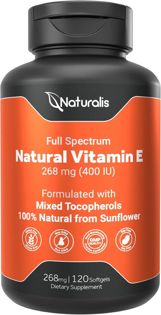 Naturalis Sunflower Vitamin E 268mg (400 IU) Qablaşdırılmış Tocopherols ilə ( Essential Skin Vitamin & Immune Support / Gluten Free / 120 Softgels