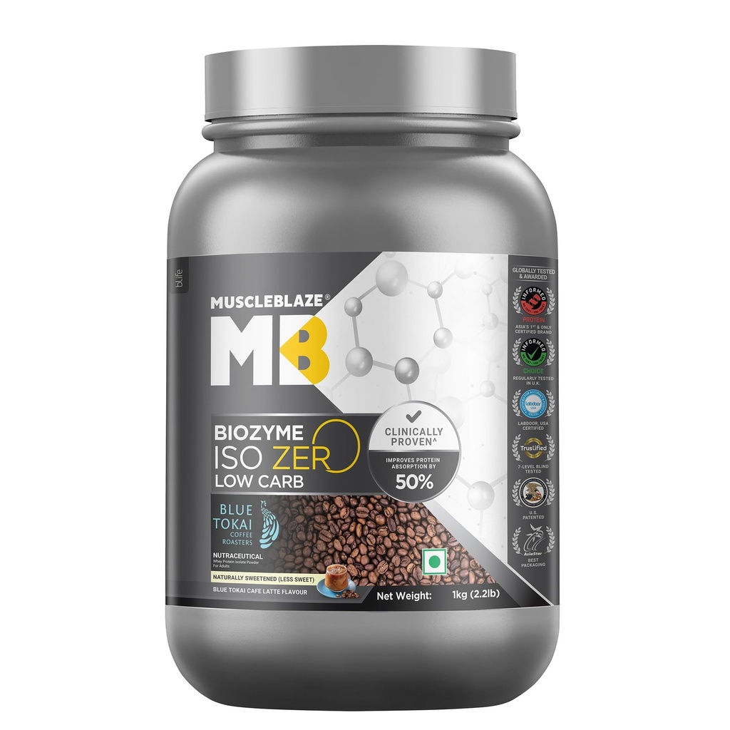MuscleBlaze Biozyme Iso-Zero Whey Protein Isolate Powder, 1kg (2.2lbs)