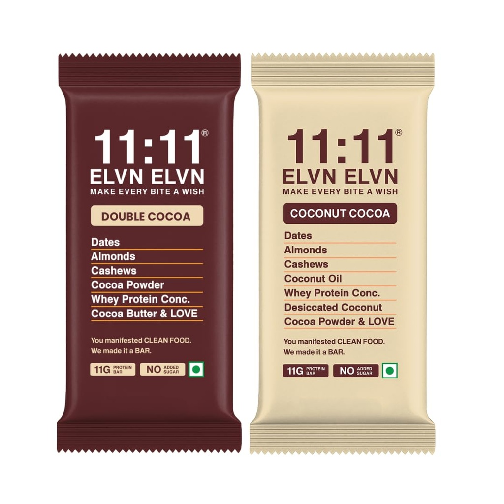 11:11 ELVN ELVN Double Cocoa & Coconut Cocoa Protein Bar Combo (Pack of 4) | 11g Protein Per Bar | Sweetened with Dates | No Refined Sugar | High Protein Snack | 100% Natural