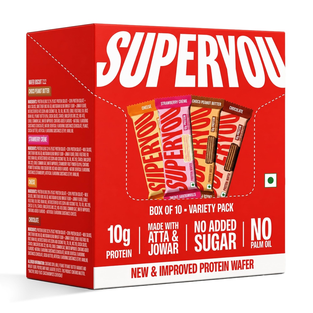 SuperYou Assorted Protein Wafer Bars (Pack of 10)|10g Protein, 3g Fiber, No Added Sugar|Yeast Fermented Protein|Energy Bars|Crunchy Wafer Bar|100% Vegetarian|No Palm Oil|400g