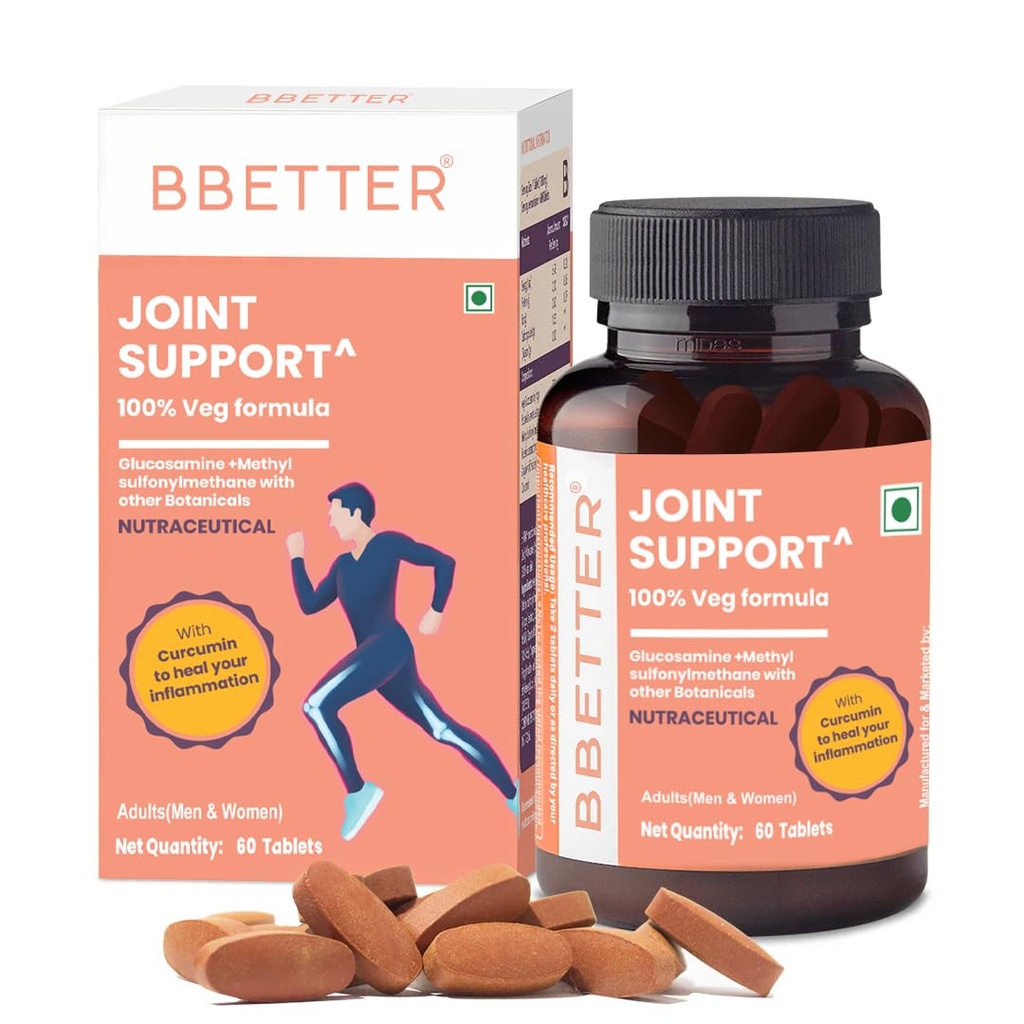 BBETTER Joint Support Supplement | 100% Veg Formula with Glucosamine Chondroitin MSM To Manage Joint Pains & Inflammation | Boswellia & Rosehip for Cartilage & Muscle Health - 60 Tablets