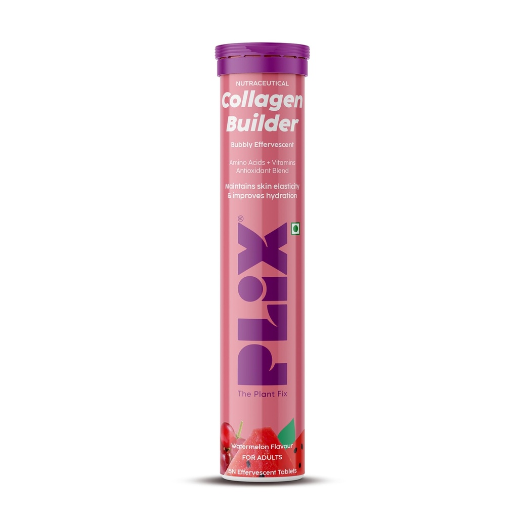 PLIX - THE PLANT FIX Collagen Builder Bubbly Effervescent - 15 Tablets (Watermelon) for Hydrated Skin & Anti-Aging | Amino Acid Blend For Collagen Production | Vitamin C & E | 100% Vegan