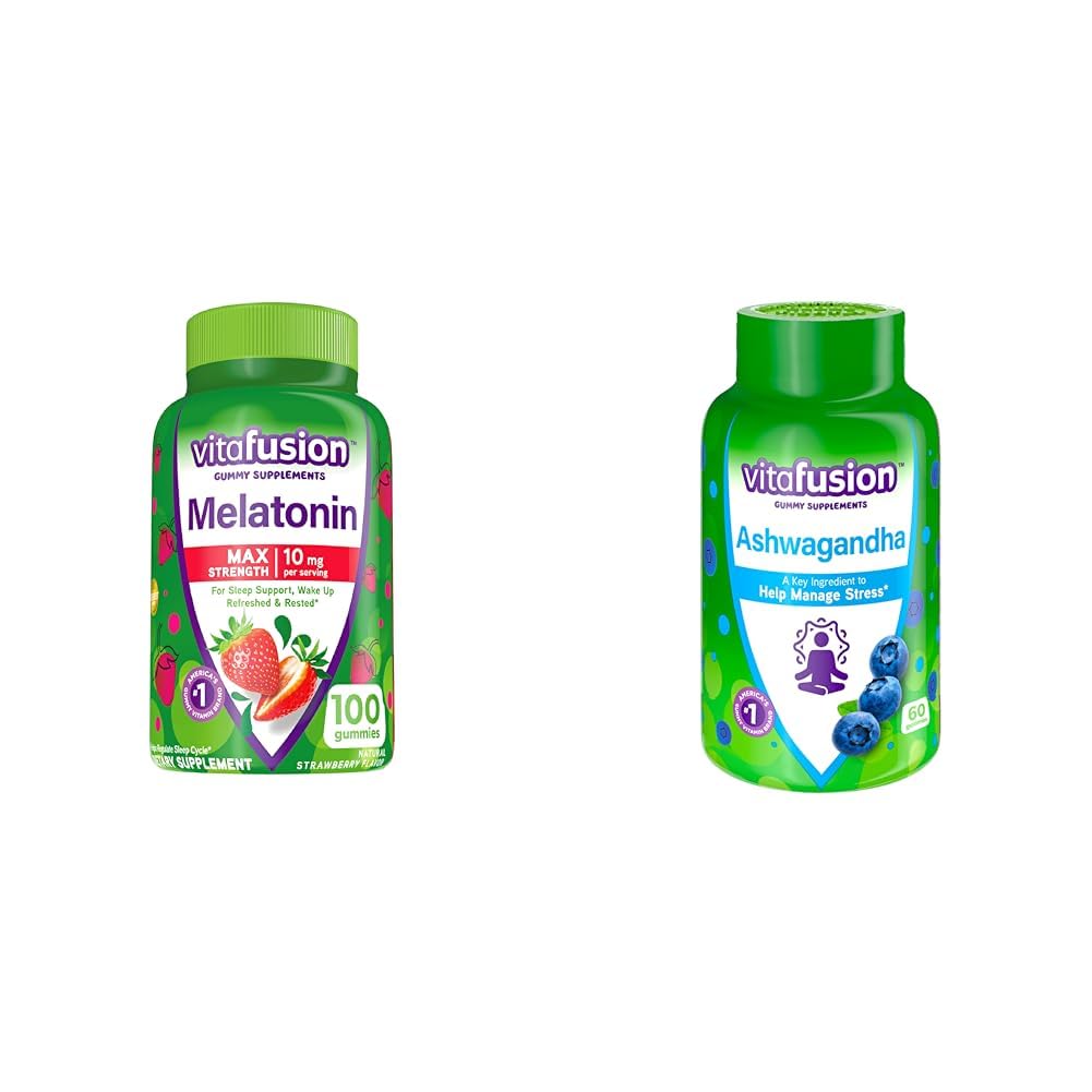 Vitafusion Max Strength Melatonin Gummy Supplements, 100 Count Ashwagandha Gummies, 60 Count