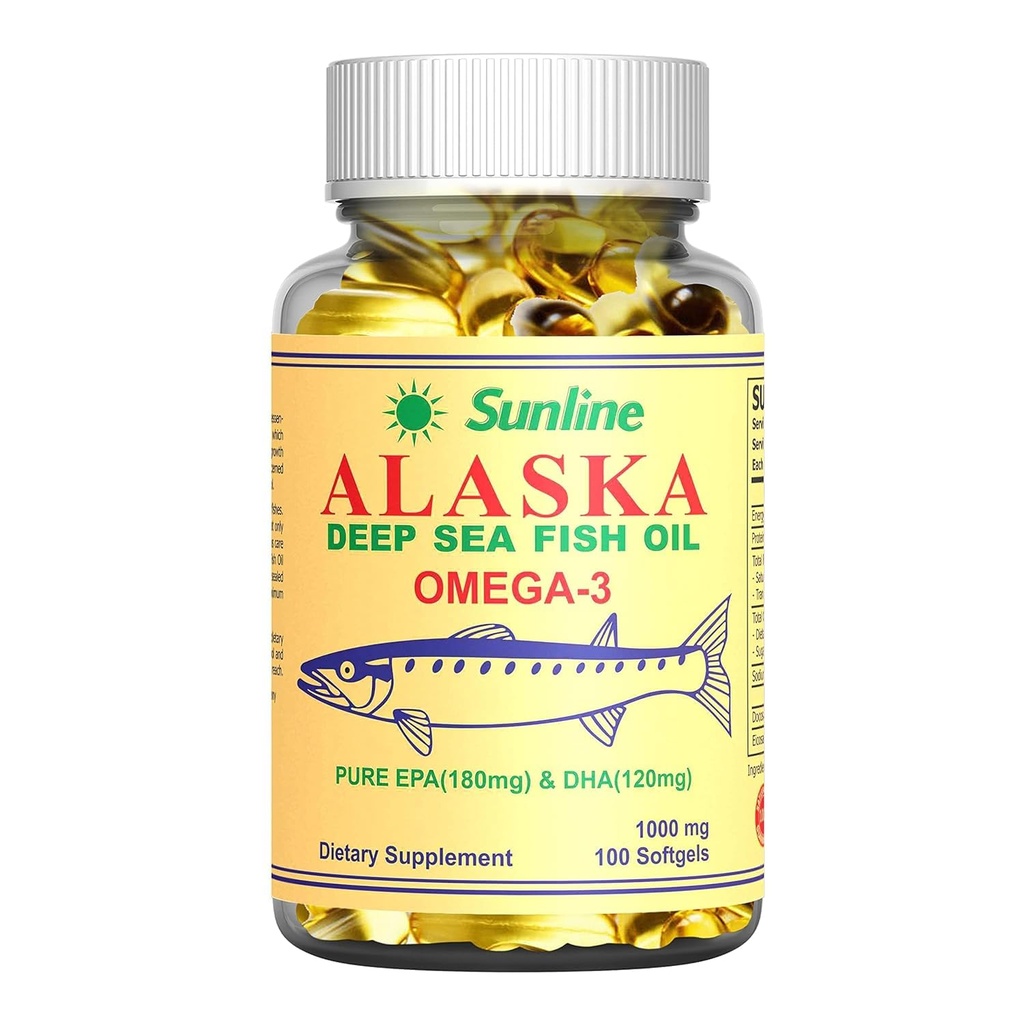 Sunline Alaska Deep Sea Fish Oil, Omega-3 with EPA 180mg & DHA 120mg, 1000mg, 100 Softgels