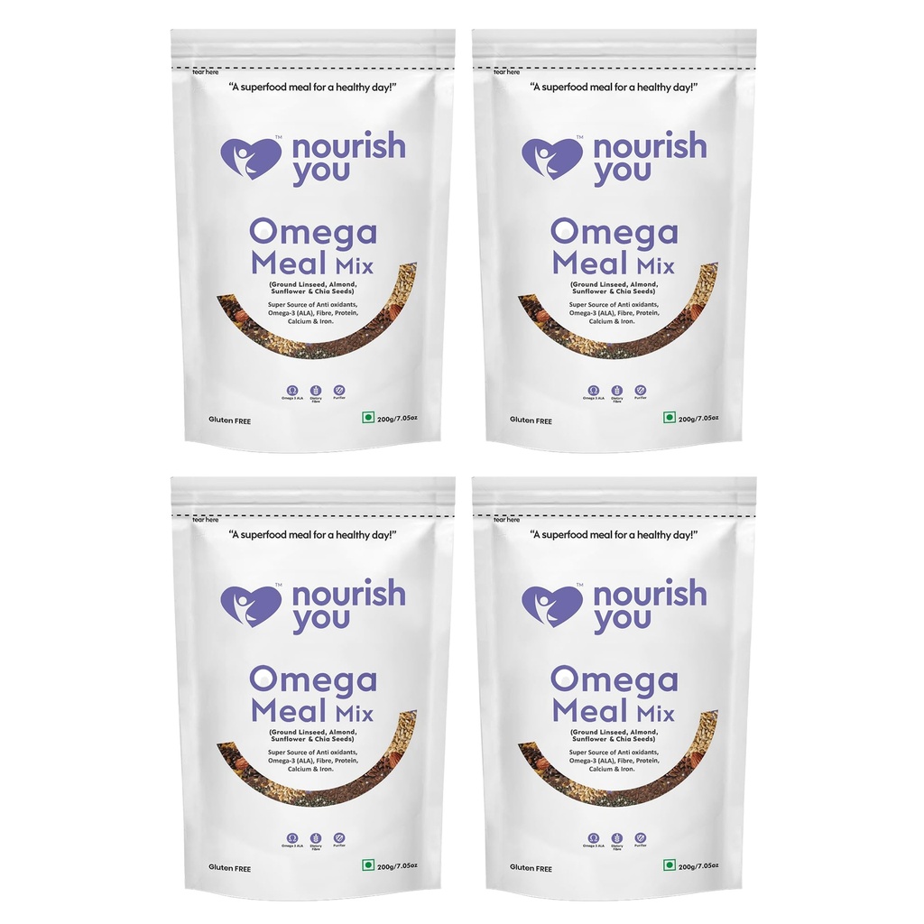 Nourish You Cold Milled Omega Meal Mix Powder | 100% Plant Based | Source of Omega 3 & 6 | Protien | Fibre & Anti-Oxidents | 200G (Pack of 4)