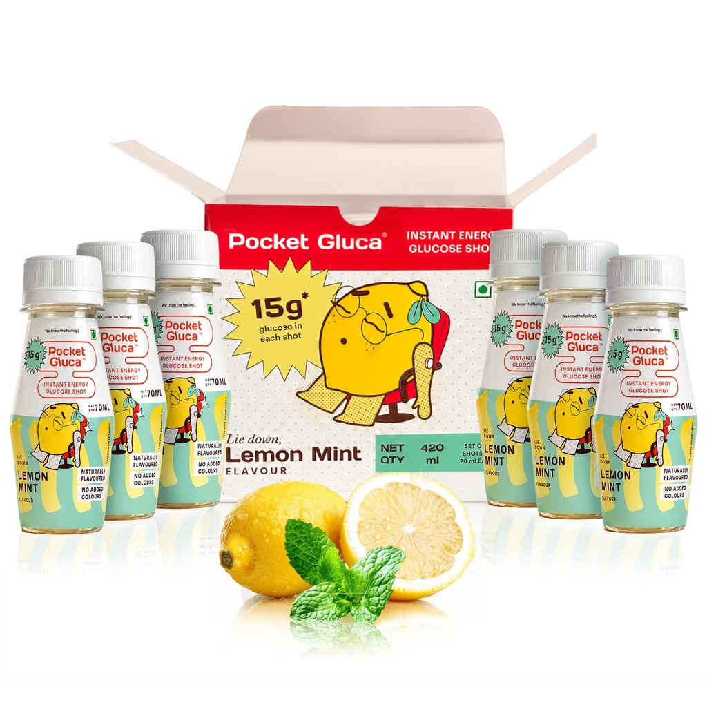 PocketGluca Instant Glucose Shots PACK OF 6 bottles | Glucose Drink | Ready to Drink Liquid | 70 ml | 15g glucose each | Natural Flavours | NO ADDED COLOURS | Helps with low glucose | NO REFRIGERATION (Lemon Mint)