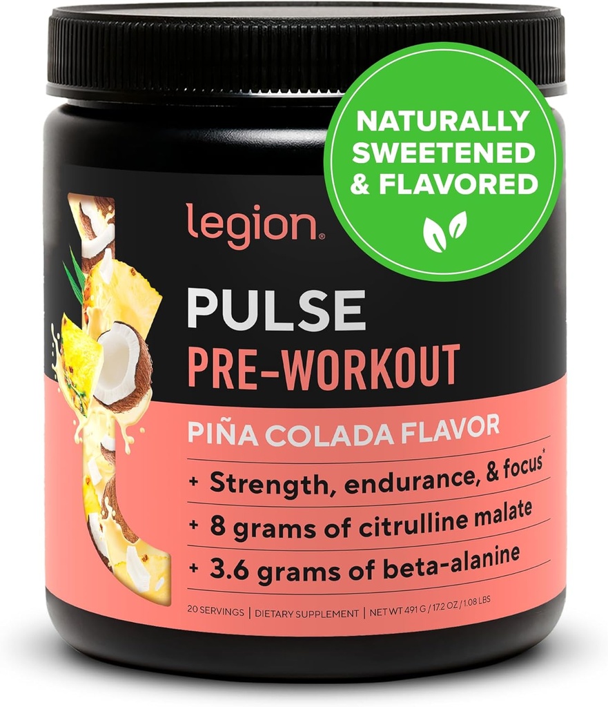 LEGION Pulse Pre Workout - Todas as bebidas de óxido nítrico natural Preworkout para impulsar a enerxía, creatina libre, naturalmente doce, Beta Alanina, Citrulline, Alpha GPC (Pina Colada)