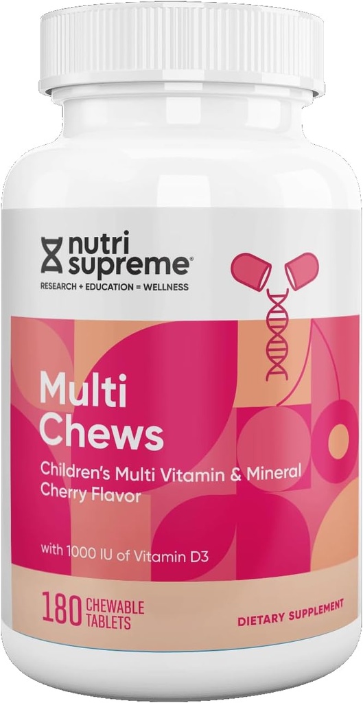 Delicious Kids Multivitamin, 180 Mastigas Vegetarianas – Suplemento completo para crianças com vitaminas essenciais e minerais - Vitamina A, B, C, D3, Cálcio, Ferro, Ácido Fólico, Zinco – Sabor de Cereja