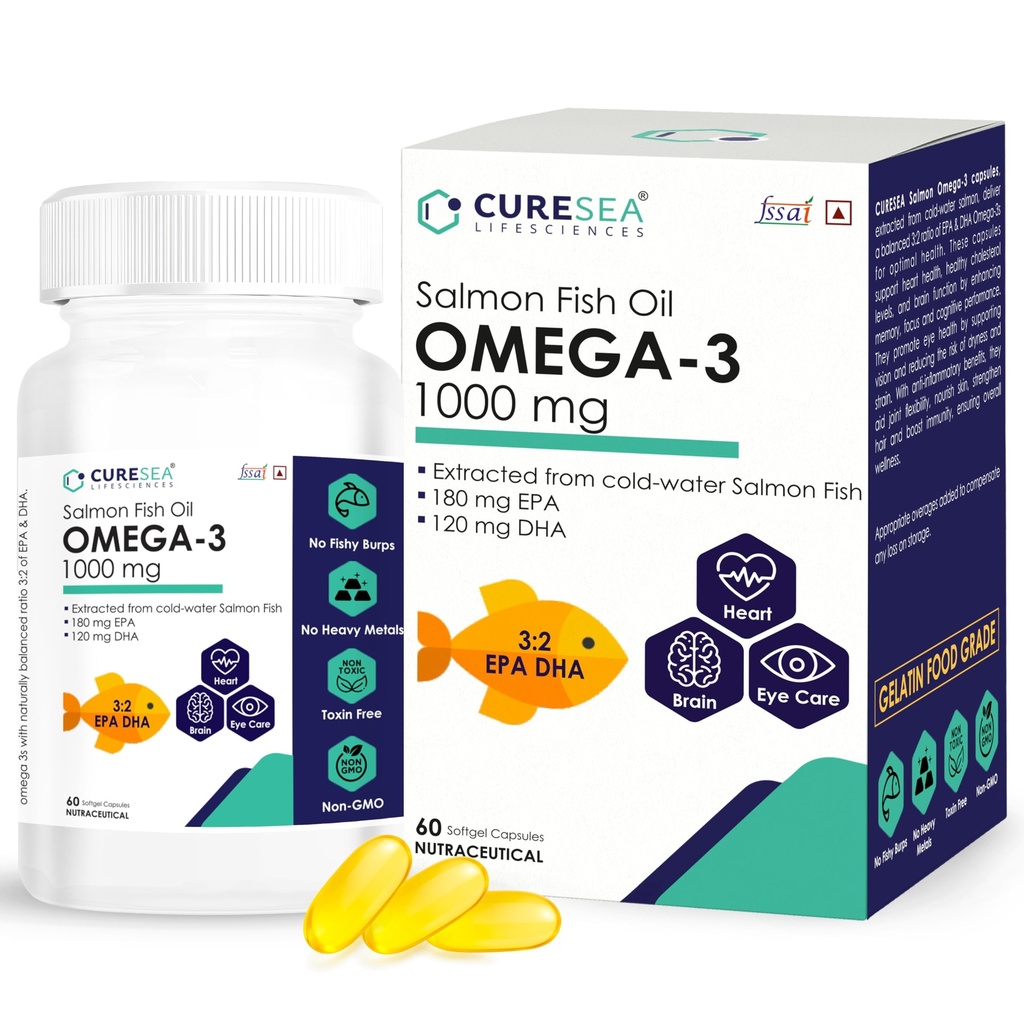 Salmon Omega 3 Fish Oil 1000mg | 180mg EPA & 120mg DHA | Brain, Heart, Eyes & Joints Support | Helps Manage Cholesterol | For Men And Women - 60 Softgels