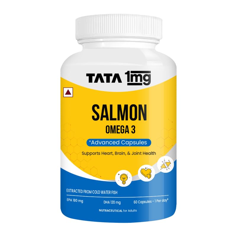 Tata 1mg Salmon Omega 3 Fish Oil Supplements 1000mg - 60 Capsules |Tryglycride form | 180mg EPA & 120mg DHA | High Absorption for Heart,Brain & Joints | Helps Manage Cholesterol