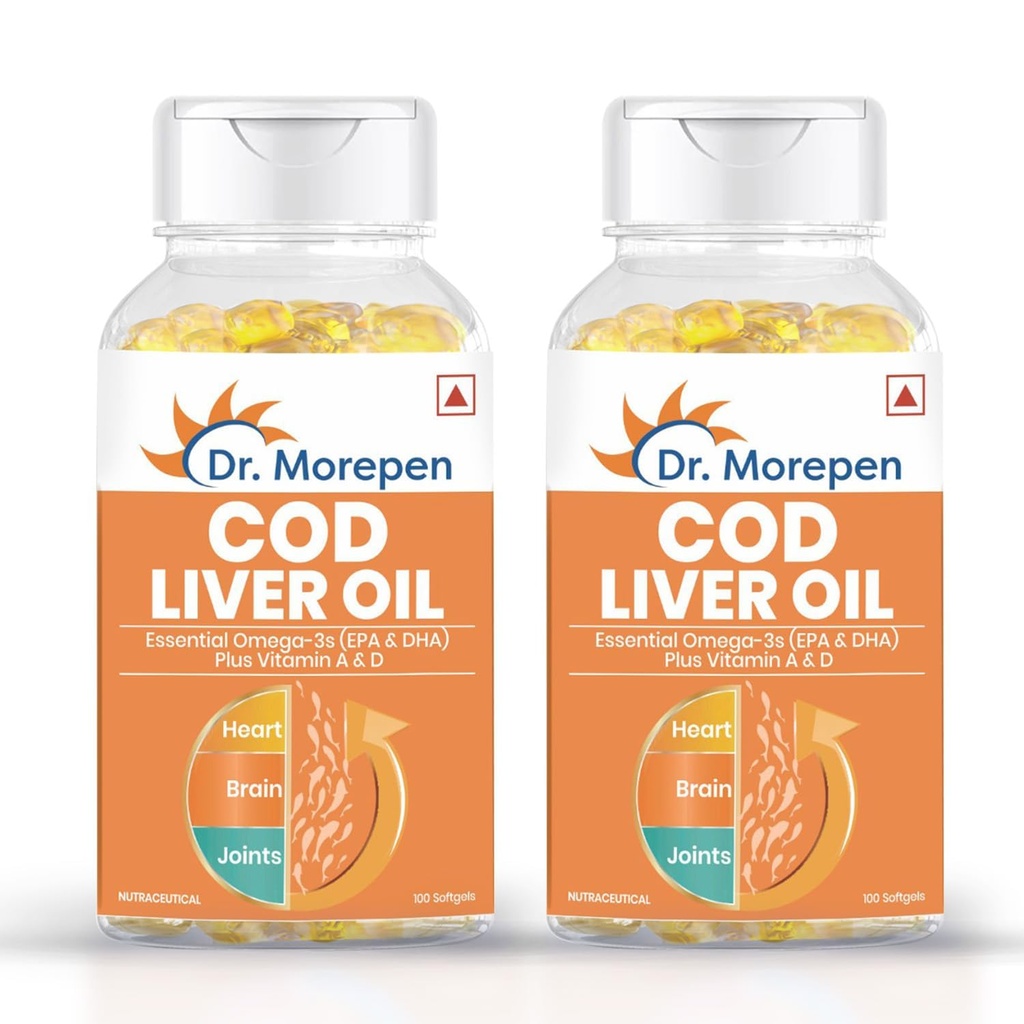 Dr. Morepen COD Liver Oil Capsules Omega 3, Natural EPA & DHA | UltraPure & Finest COD Fish 200 Softgels (Pack of 2)