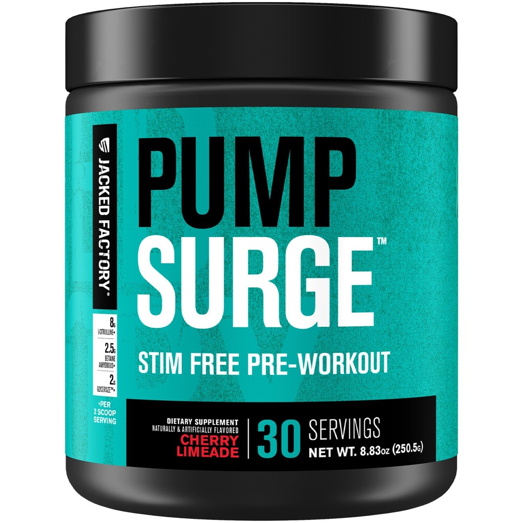 Jacked Factory Pumpsurge Caffeine Free Pre Workout for Men & Women - Nootropic Booster & Stim Free Pre Workout - Intense Pumps, Enhanced Focus - 30 Servings, Cherry Limeade
