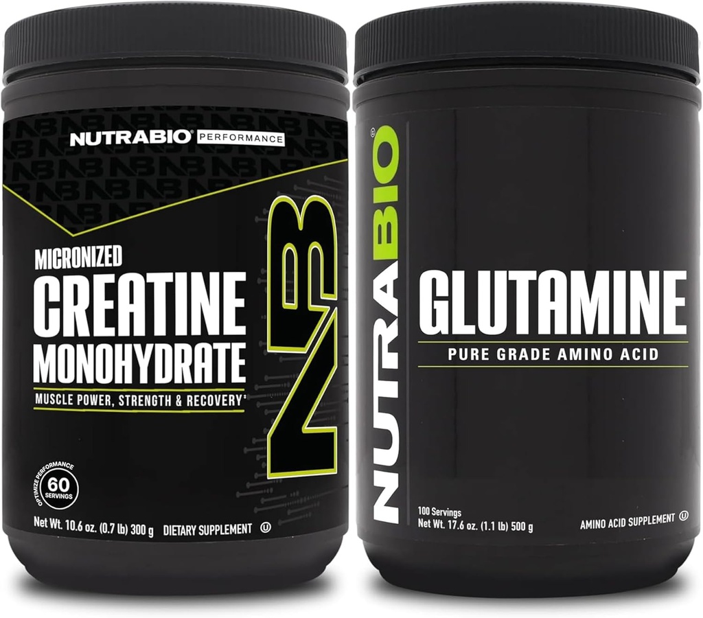 NutraBio Creatine Monohydrate 보충교재, Unflavored, (300g) 및 L 글루타민 분말, (500g) - 운동 보충교재는 근육 에너지, 회복 및 힘을 지원합니다