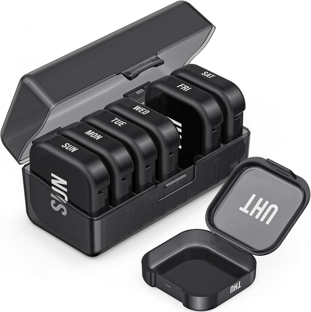 PULIV 每日药丸组织者,配有7个大块分离物,便携式药盒,口袋7天,有大维他命,鱼油(黑色)双重保护的关节炎-爱药剂组织者