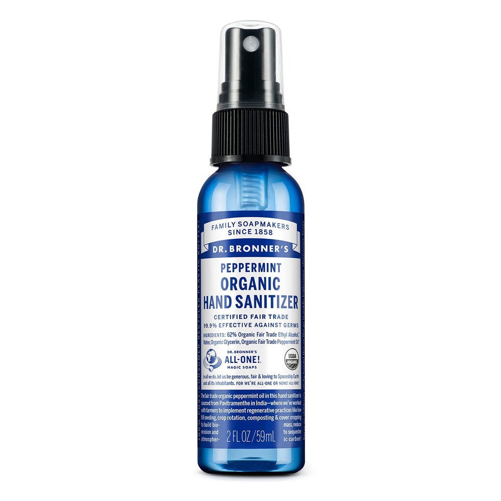 Dr. Bronner's - Organic Hand Sanitizer Sprey (Peppermint, 2 ounce) - Simple və effektiv Formula, Cleanses & Sanitizes, No Harsh Chemical, Moisturize və Cleans Hands