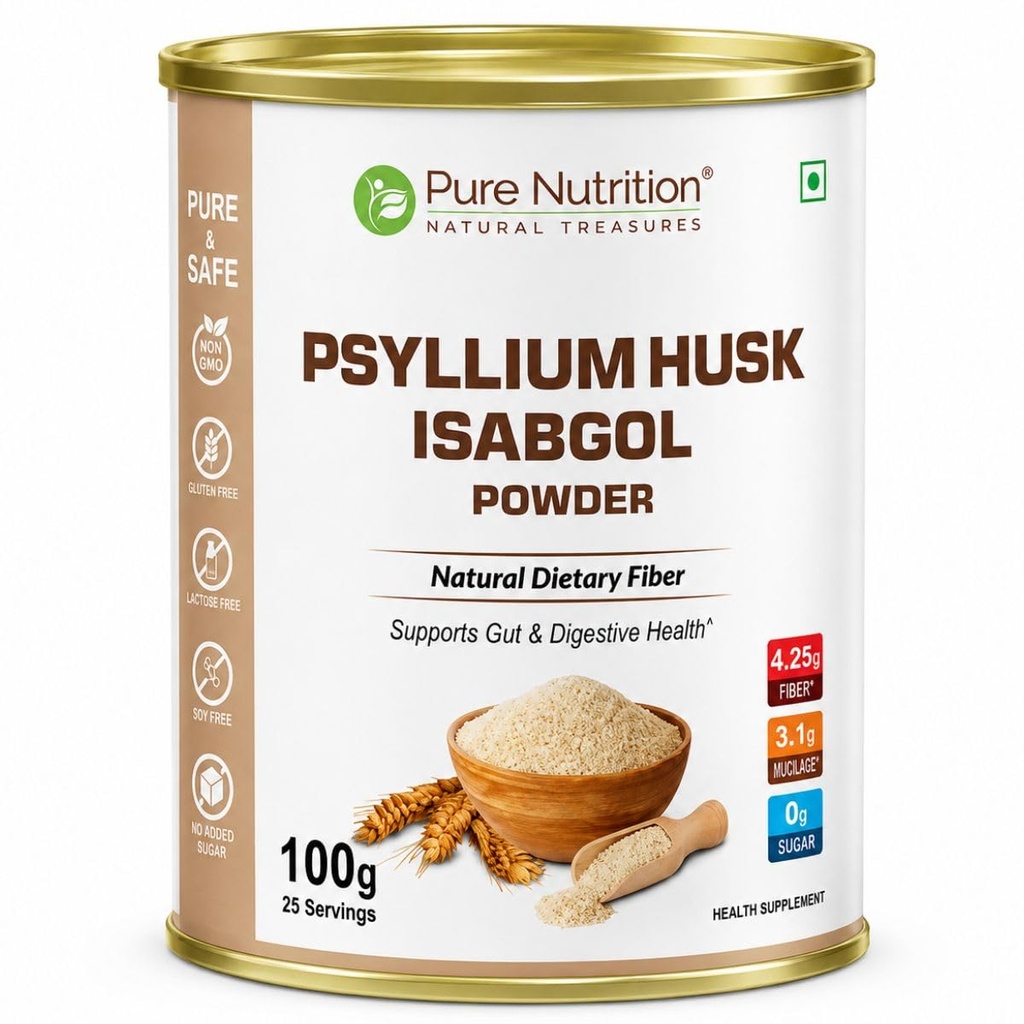 Pure Nutrition Psyllium Husk Isabgol Powder, 100g | Natural Dietary Fiber Supplement | Supports Digestive & Gut Health | Helps Ease Irregularity & Bloating | Gluten Free, No Sugar Added