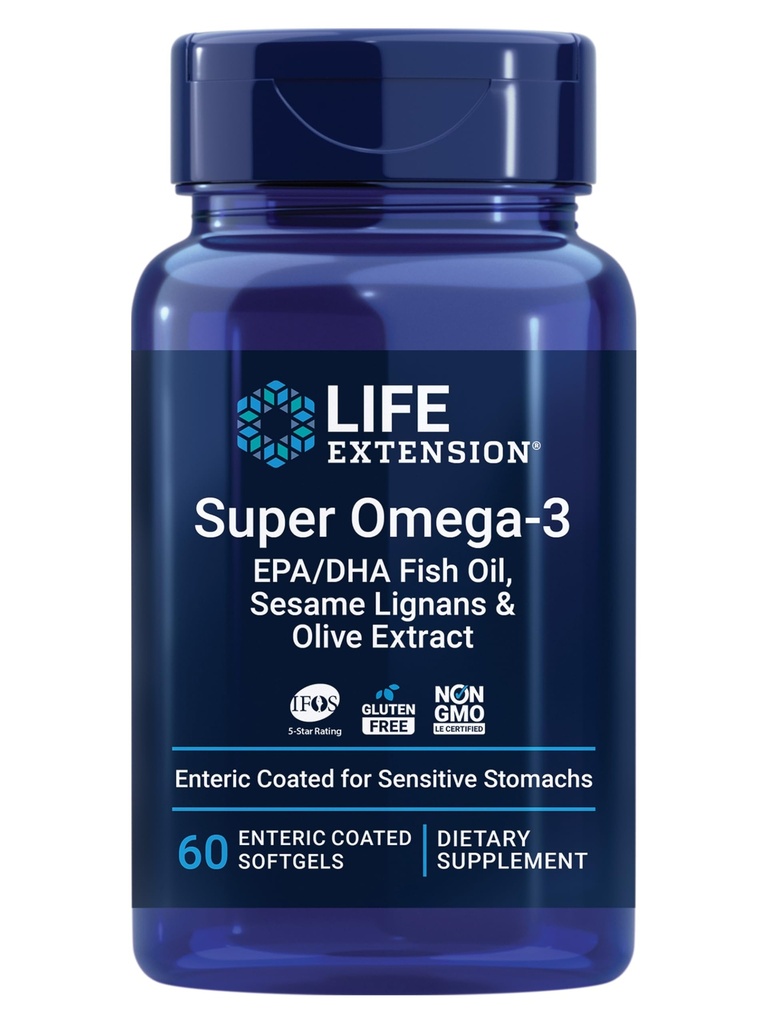 Life Extension Super Omega-3 EPA/DHA Fish Oil, Sesame Lignans & Olive Extract – Heart Health, Brain Health, Inflammation Health Support, Gluten-Free, Enteric-Coated, Non-GMO, 60 Softgels