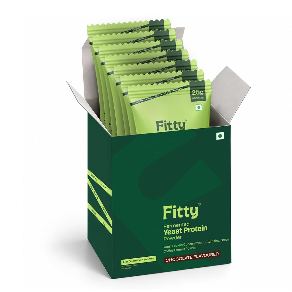 Fitty Fermented Yeast Protein Powder | 25g Protein with L-Carnitine, Prebiotics & Probiotics | Gut Health, Metabolism & Fullness Support | Chocolate Flavour | 7 Sachets x 37g