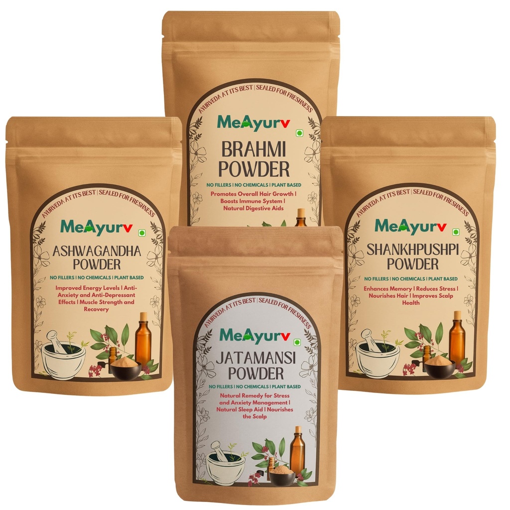 Calm Focus & Sleep Combo - Brahmi Shankhpushpi Ashwagandha Jatamansi Powder - Ayurvedic Medhya Rasayana Supplement for Stress Relief Mental Clarity & Restful Sleep - Natural Made in India | 4 x 50g