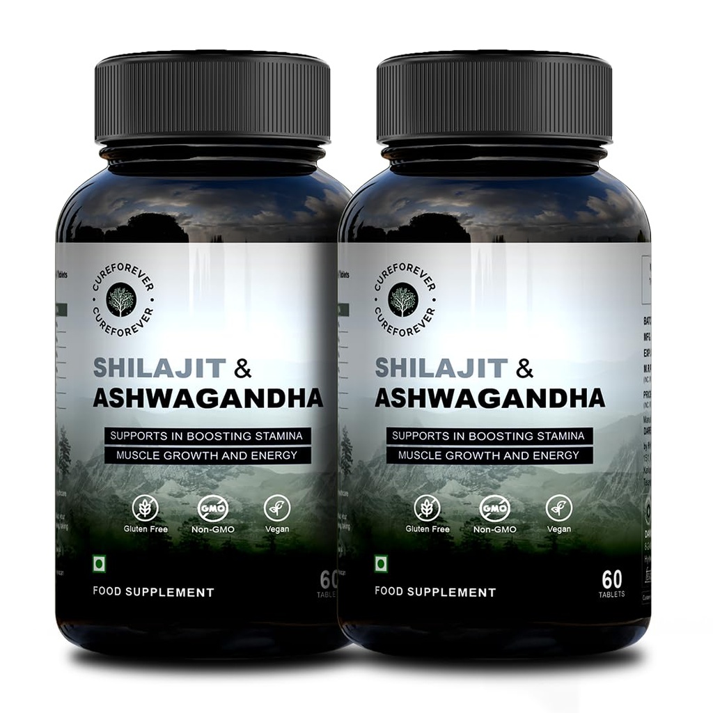 CUREFOREVER Shilajit & Ashwagandha 1000mg | Himalayan Shilajeet (500mg) + Ashwagandha (500mg) | Powerful Duo Formula for Energy, Strength & Stress Relief | Immunity booster for Men & Women | 60 Tablet (Pack of 2)