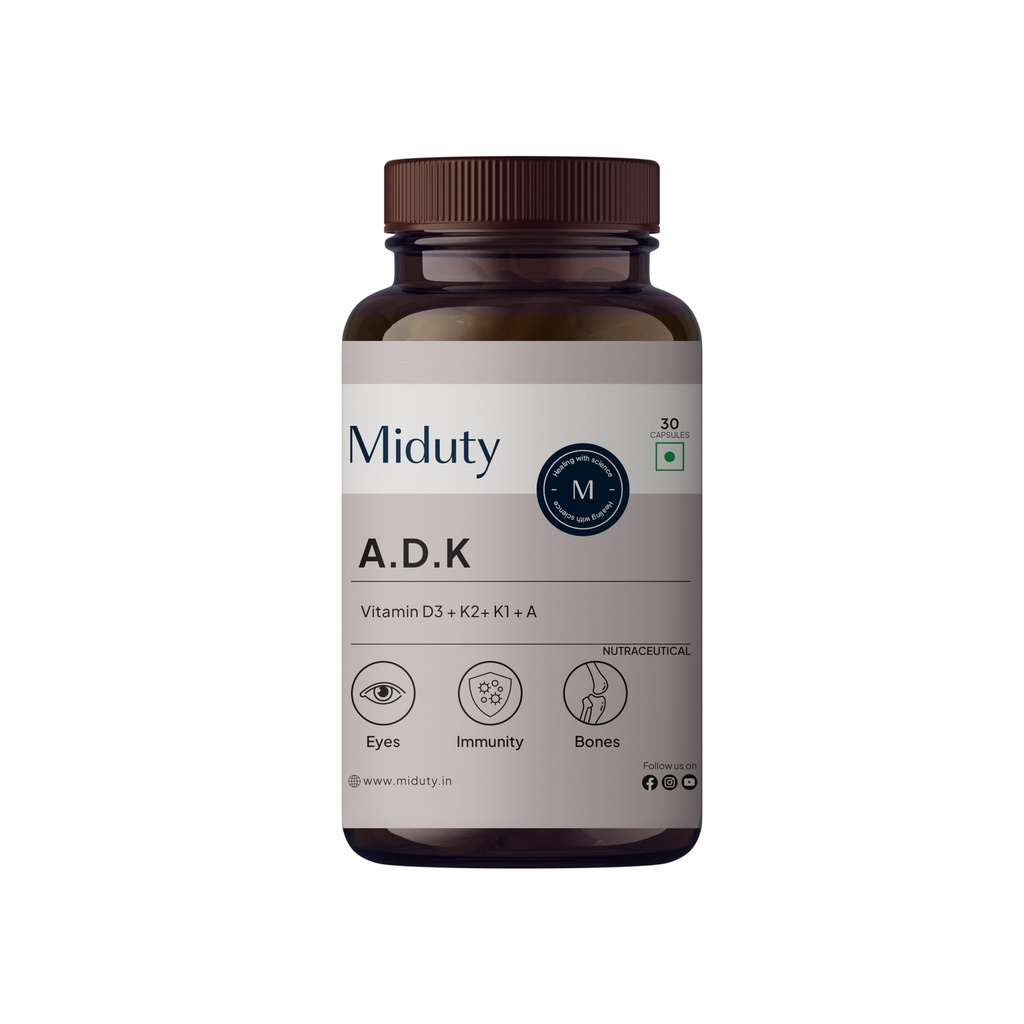 Miduty Vitamin ADK Multivitamin Contains Vitamin A - D3 - K1 - K2 Immunity Booster, Bone Strength, Healthy Heart Vitamin ADK Supplement For Men and Women - 30 Capsules