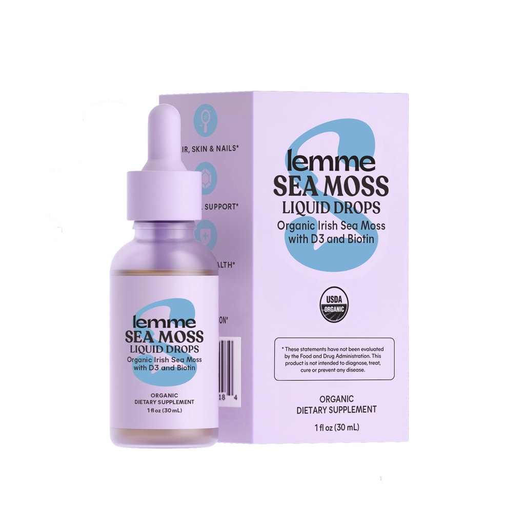 Lemme Irish Sea Moss Organic Liquid Drops with Vitamin D3 and Biotin for Trace Mineral Support, Immunity, Hair, Skin & Nails, Brain Health - Gluten & Sugar Free, Non GMO, 1 oz, 30 Servings