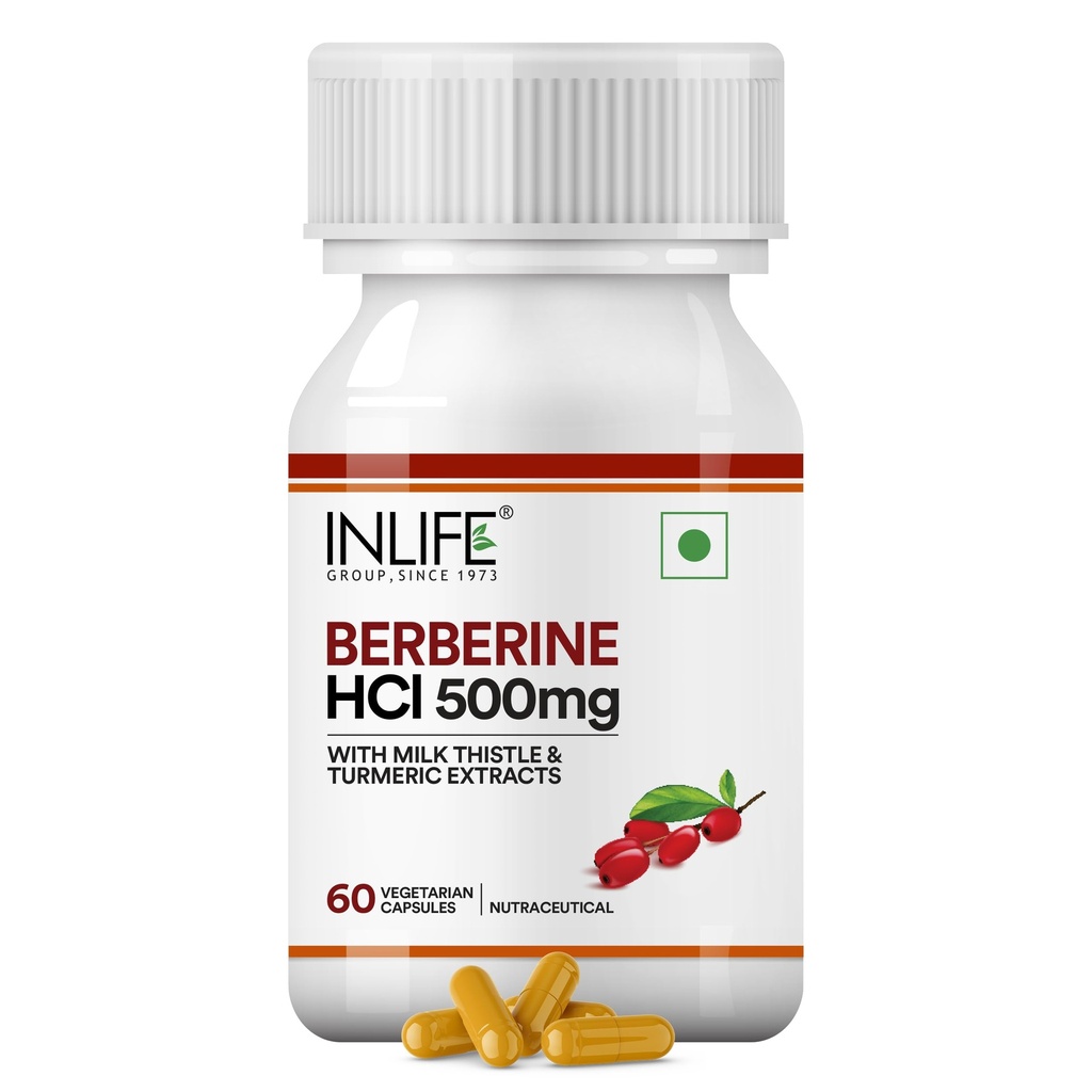 INLIFE Berberine HCL 500mg Supplement with Milk Thistle, 60 Veg Caps
