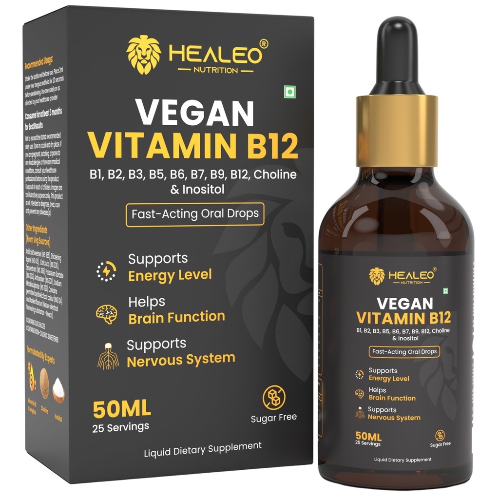 Healeo Vegan Vitamin B12 Drops Supplement for Men & Women with B1,B2,B3,B5,B6,B7,B9, Choline & Inositol | Boost Energy Level | Supports Healthy Nervous System & Brain Function - 50ml