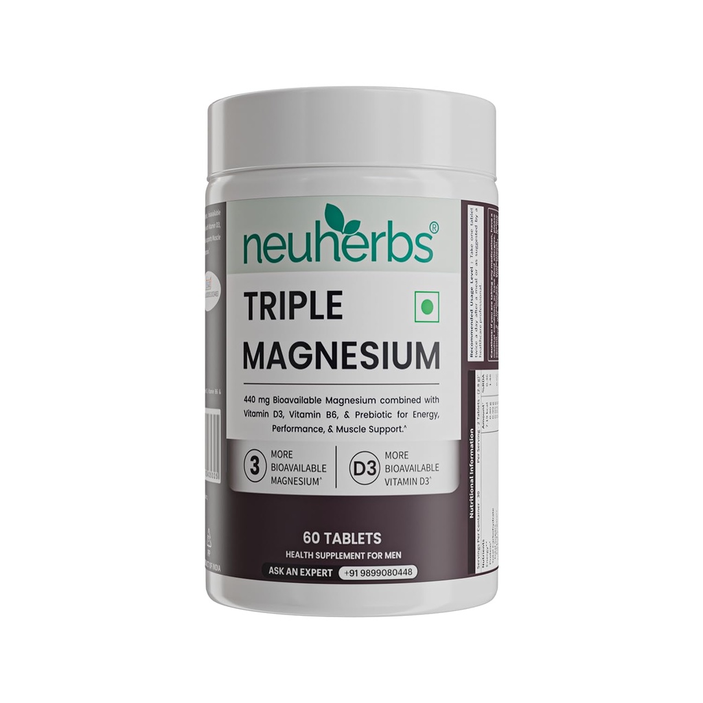Neuherbs Triple Magnesium Tablets (Bisglycinate, Aquamin & Liposomal) | Supports Sleep, Stress Relief, Muscle Recovery & Bone Health | High Absorption Magnesium Supplement for Men & Women – 60 Tablets